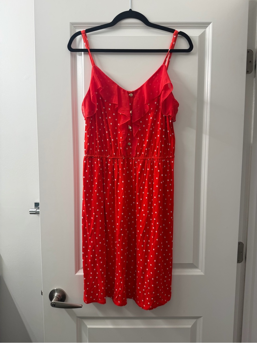 Elle Red Polka Dot Midi Dress with Ruffle Front
